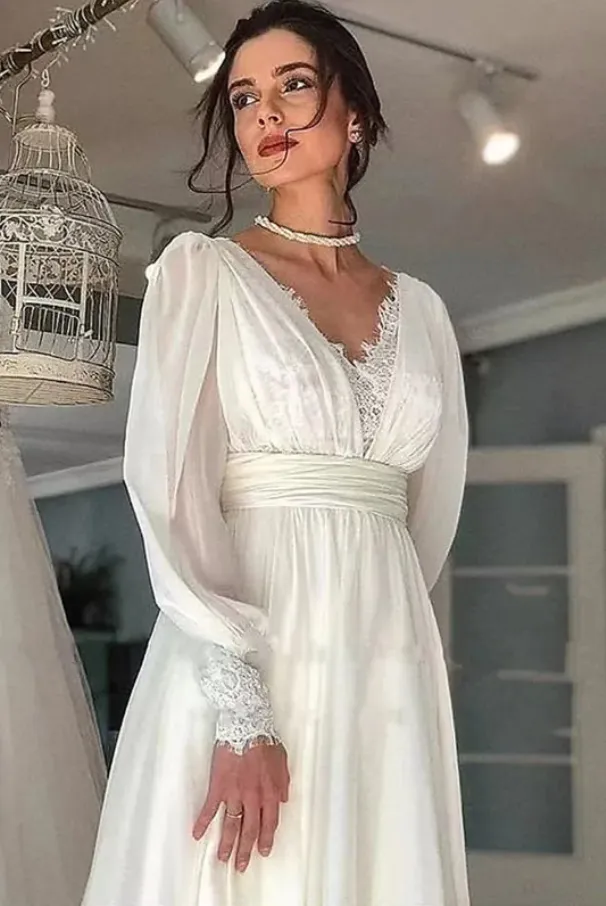 Long Sleeve Boho V-back Wedding Dress