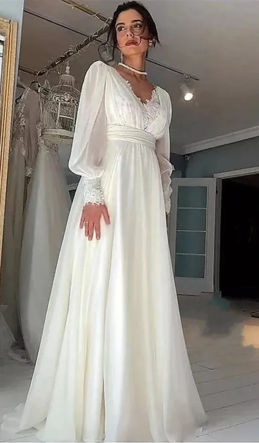 Long Sleeve Boho V-back Wedding Dress