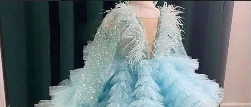 Long Sleeve Sequin Feather High End Cake Dress Fluffy Party Girl Princess Dress