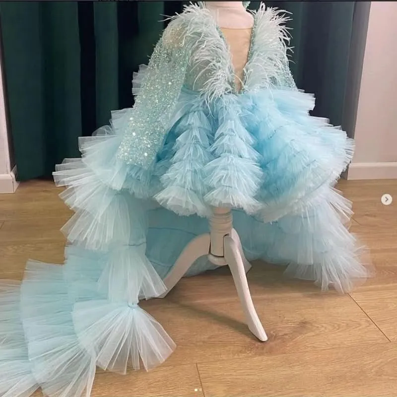 Long Sleeve Sequin Feather High End Cake Dress Fluffy Party Girl Princess Dress
