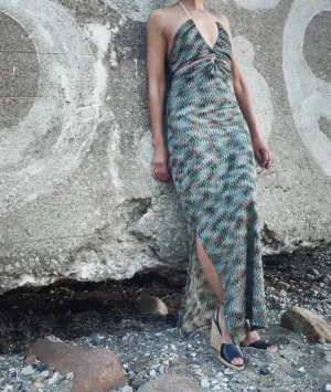 LONG TIGHT DRESS WITH HALTERNECK - GREEN / MULTI