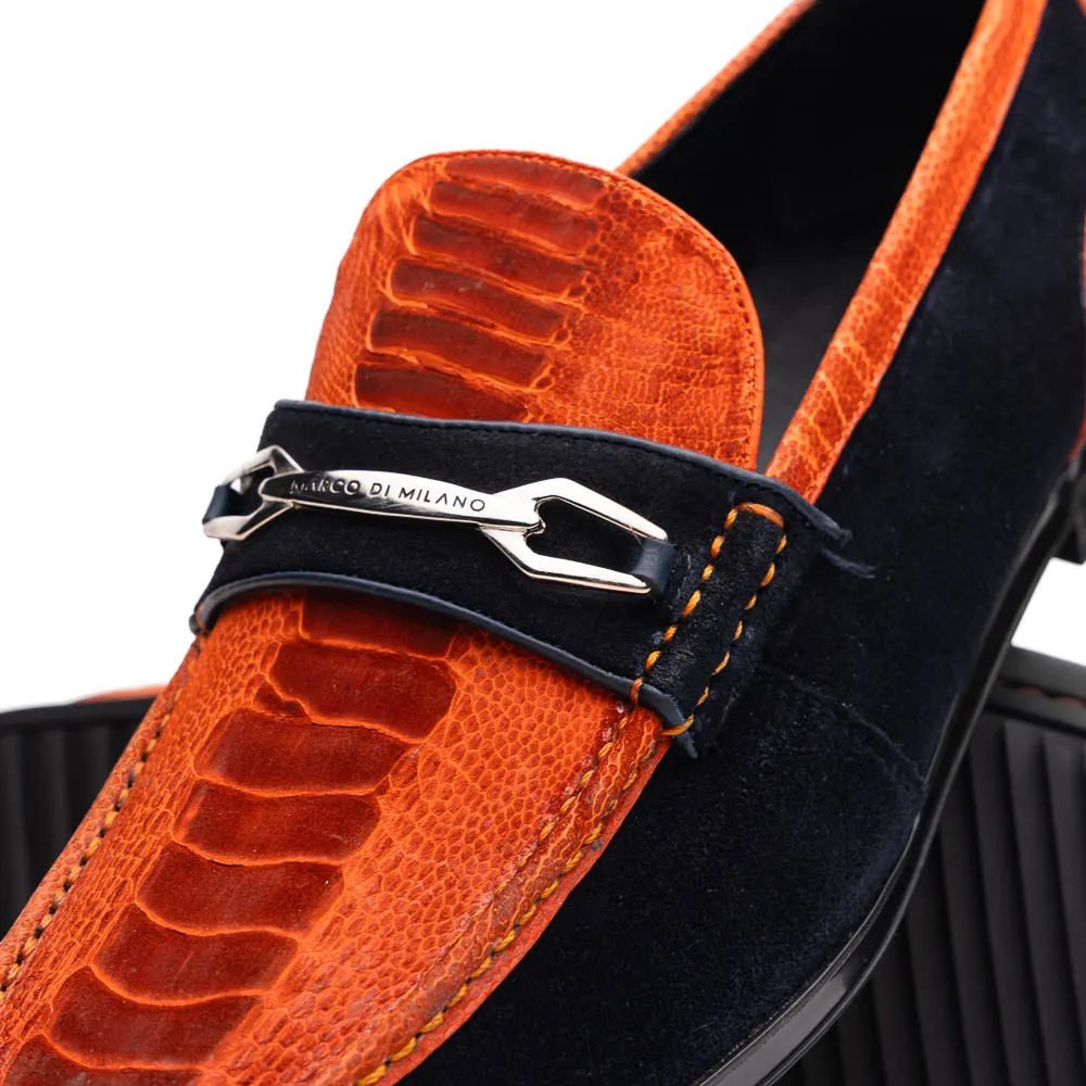Marco Di Milano Hugo Orange / Navy Sueded Ostrich Leg Bit Loafers