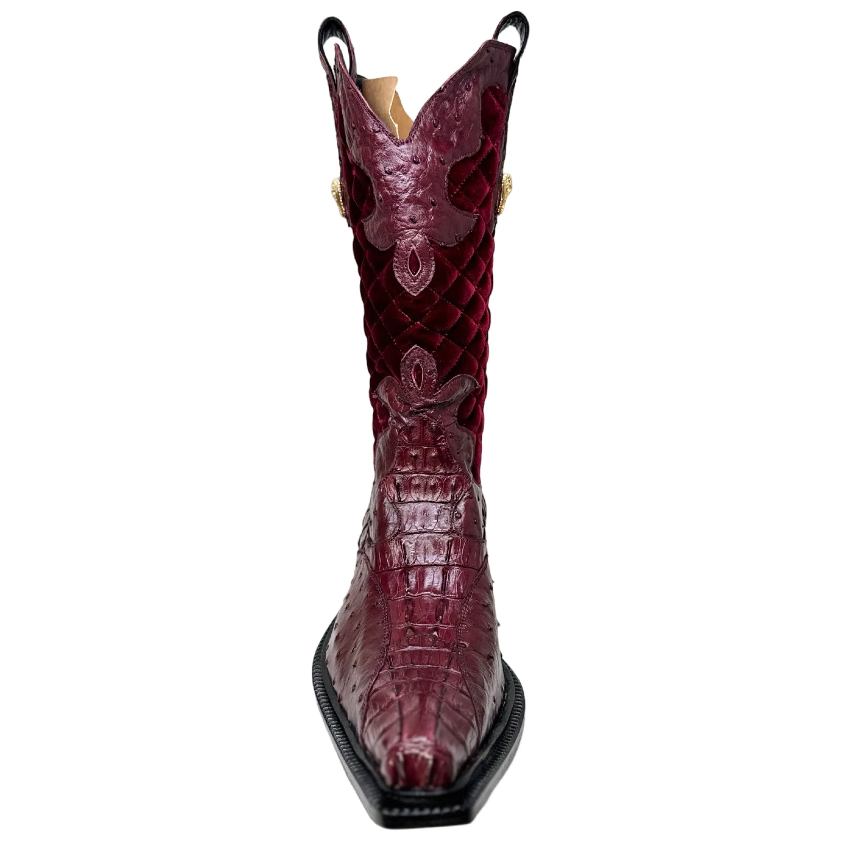 Mauri 42672/1 Ruby Red Quilted Velvet Hornback Crocodile / Ostrich Quill Cowboy Boots