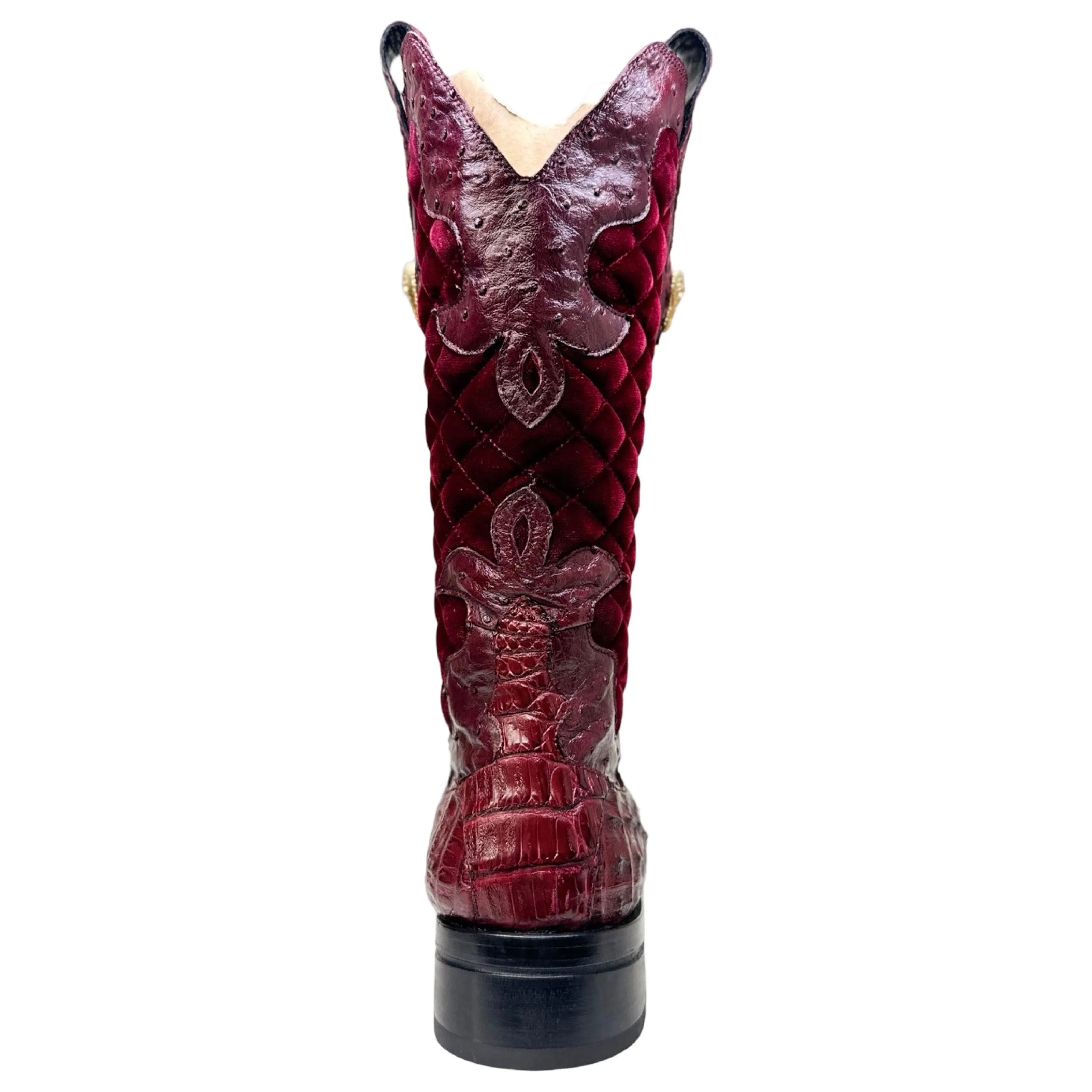 Mauri 42672/1 Ruby Red Quilted Velvet Hornback Crocodile / Ostrich Quill Cowboy Boots