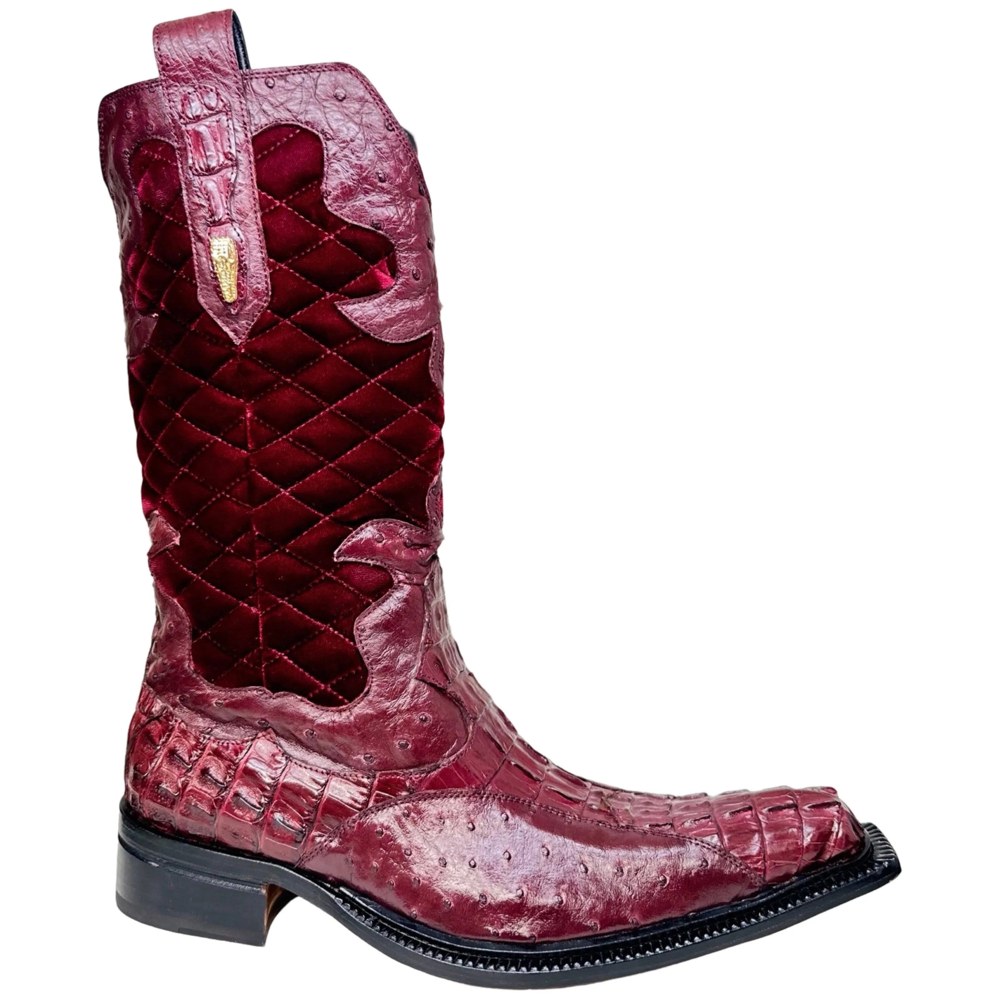 Mauri 42672/1 Ruby Red Quilted Velvet Hornback Crocodile / Ostrich Quill Cowboy Boots