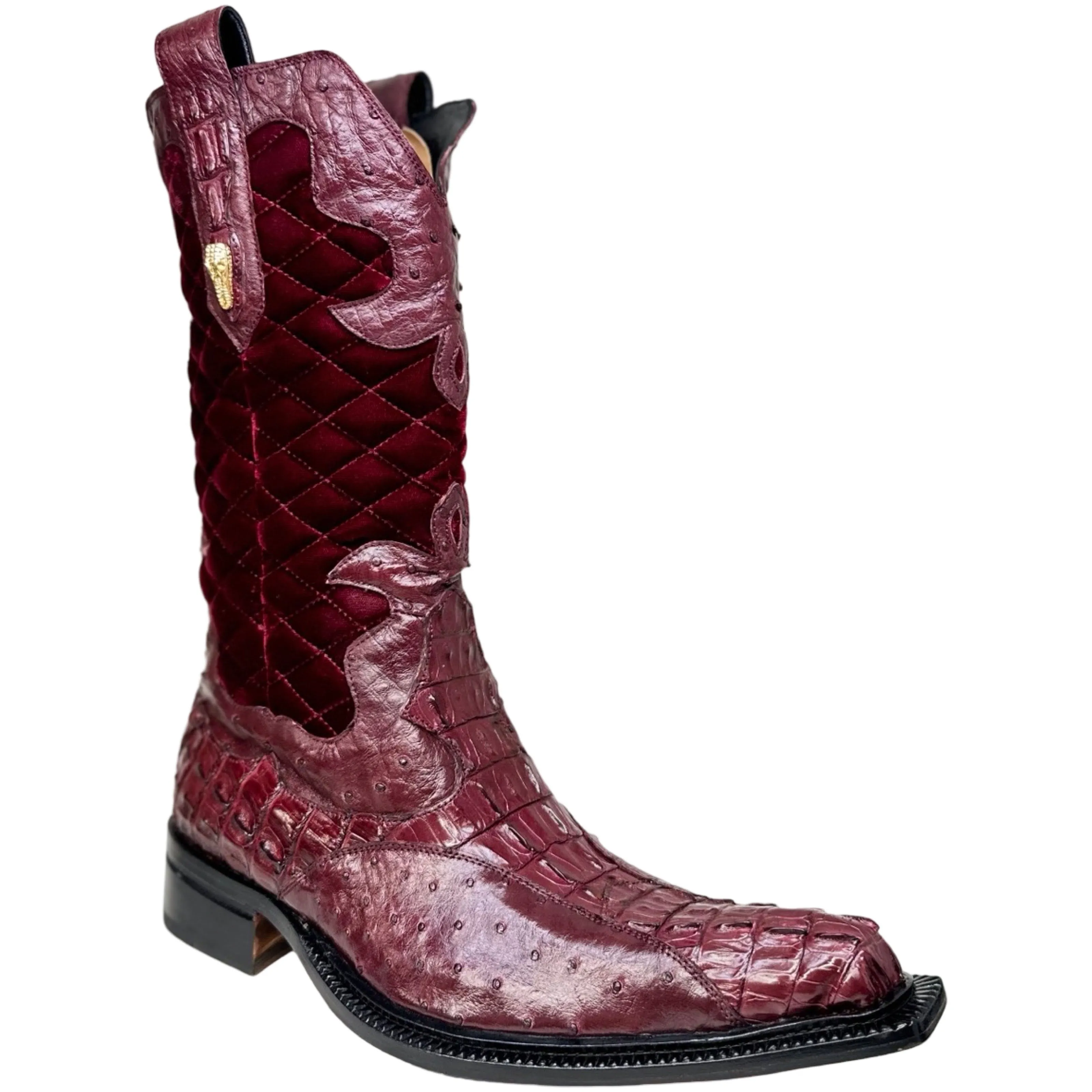 Mauri 42672/1 Ruby Red Quilted Velvet Hornback Crocodile / Ostrich Quill Cowboy Boots