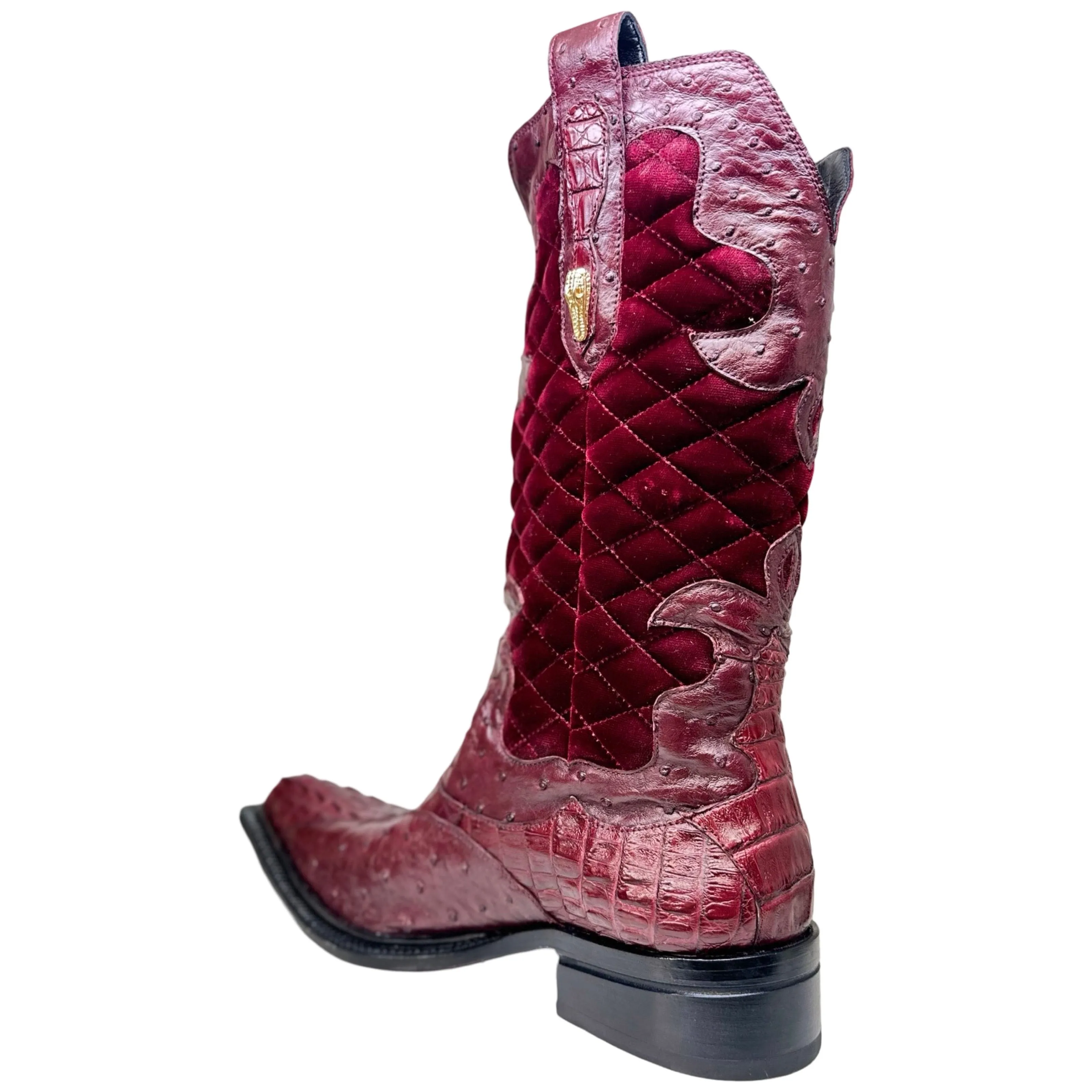 Mauri 42672/1 Ruby Red Quilted Velvet Hornback Crocodile / Ostrich Quill Cowboy Boots