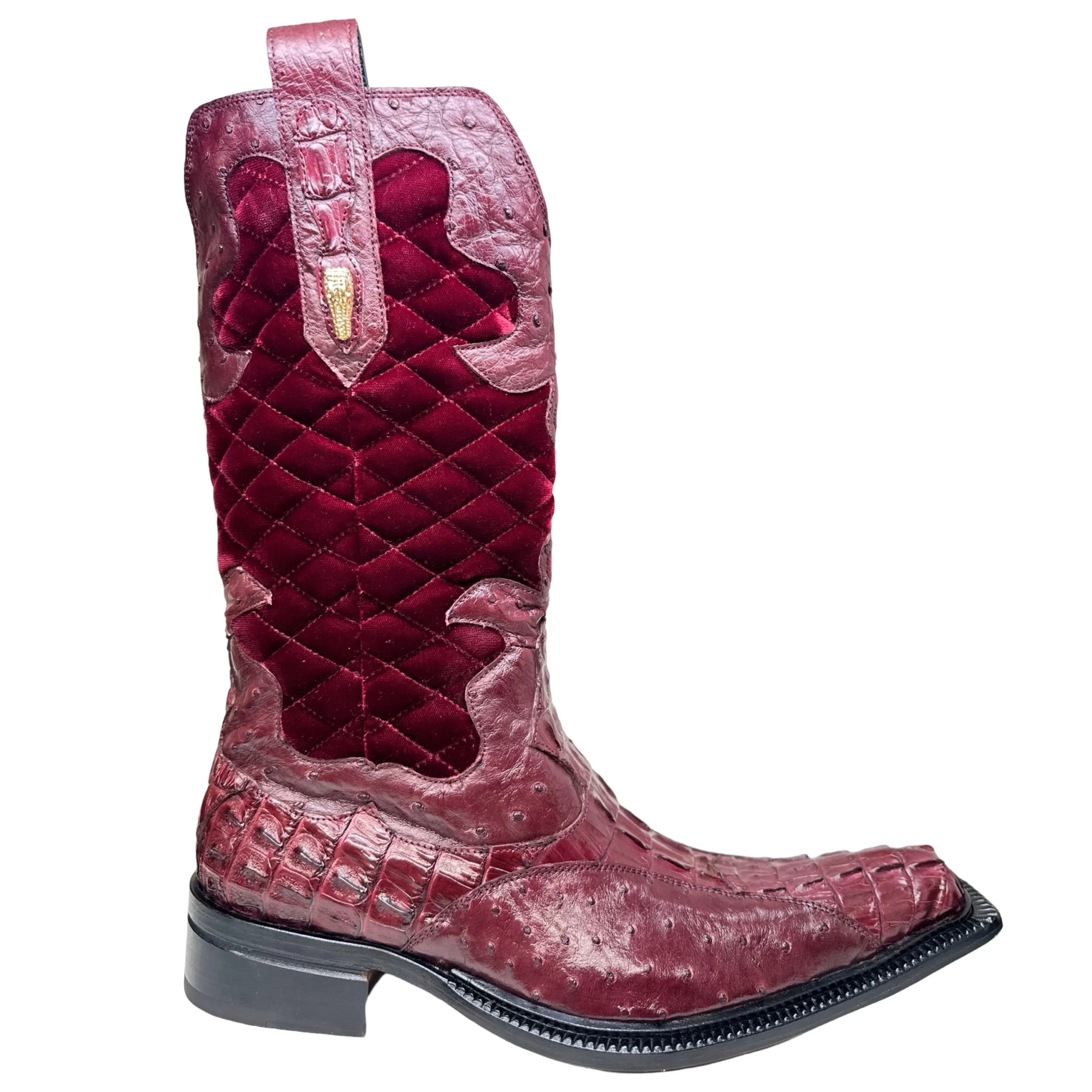 Mauri 42672/1 Ruby Red Quilted Velvet Hornback Crocodile / Ostrich Quill Cowboy Boots
