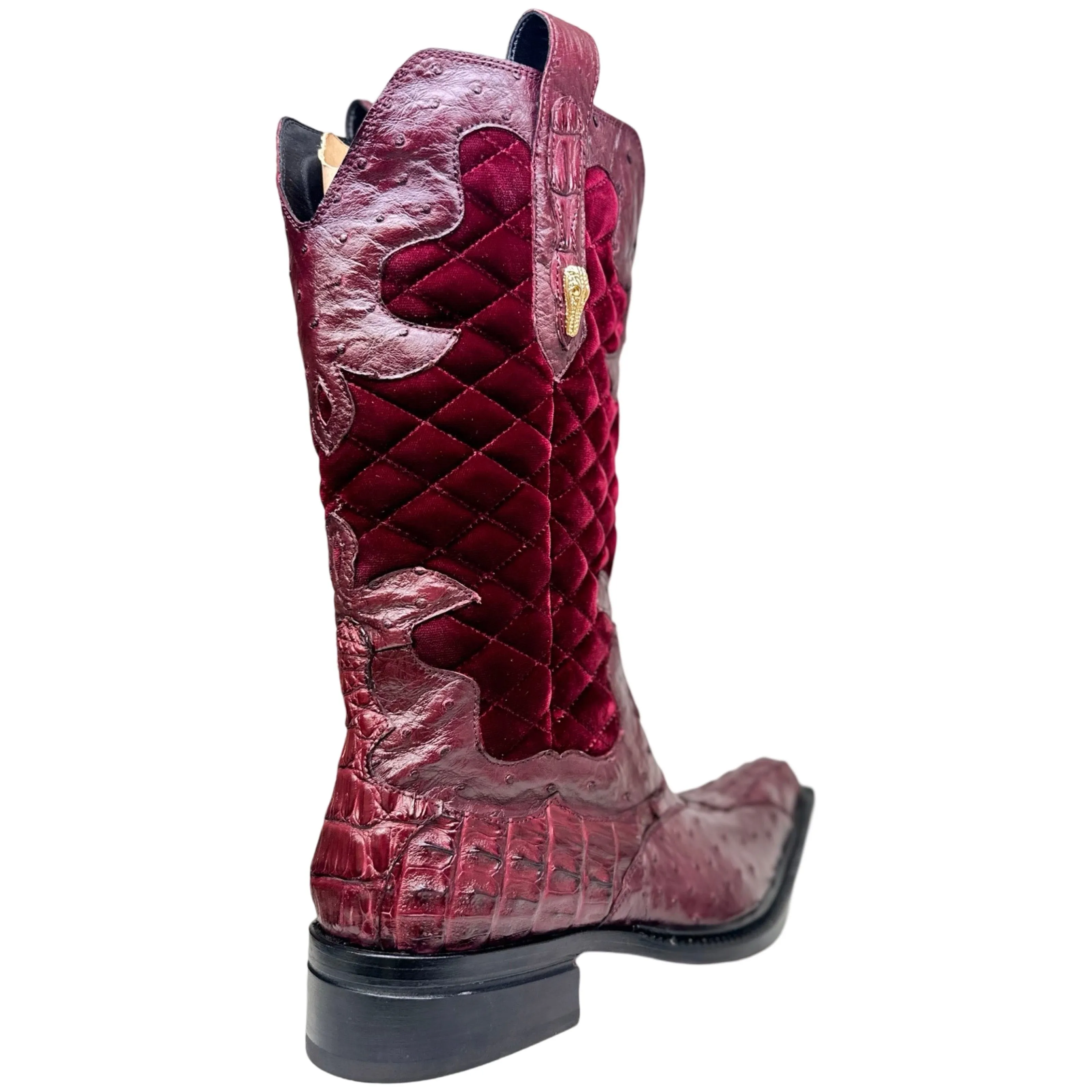 Mauri 42672/1 Ruby Red Quilted Velvet Hornback Crocodile / Ostrich Quill Cowboy Boots