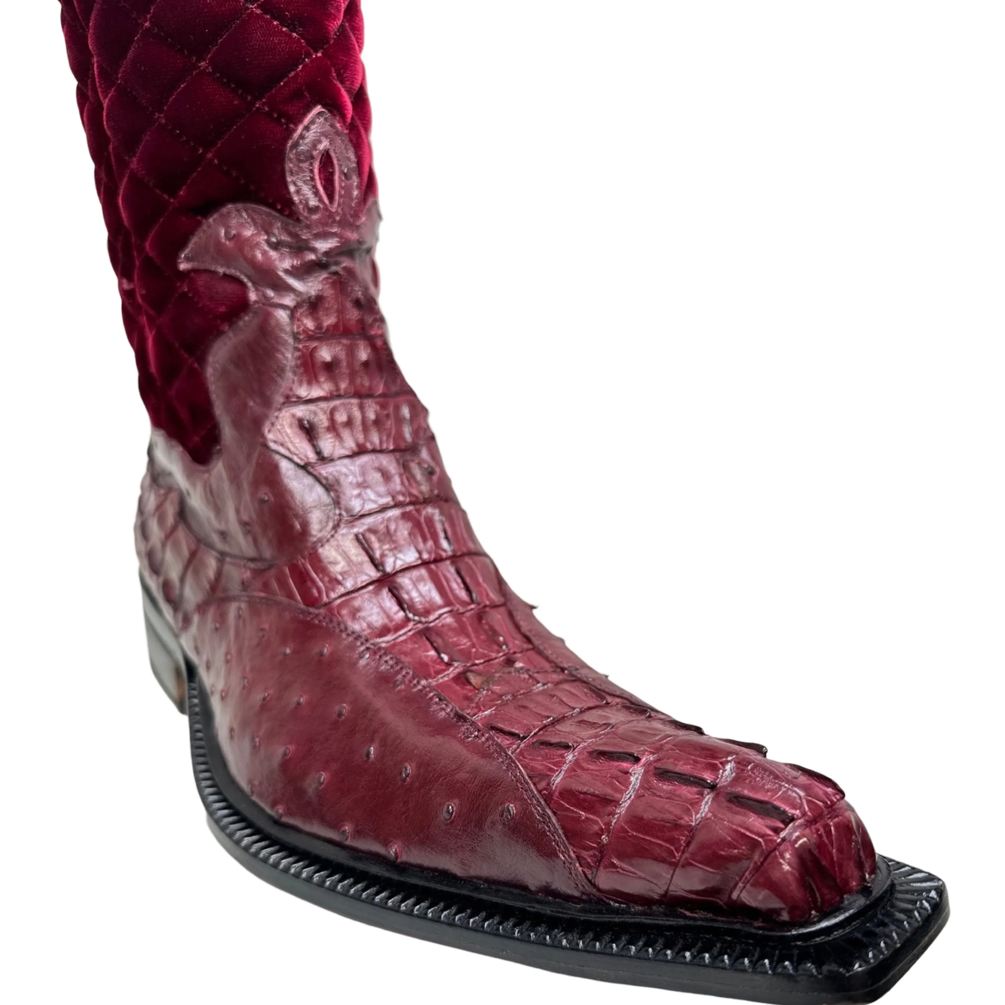 Mauri 42672/1 Ruby Red Quilted Velvet Hornback Crocodile / Ostrich Quill Cowboy Boots