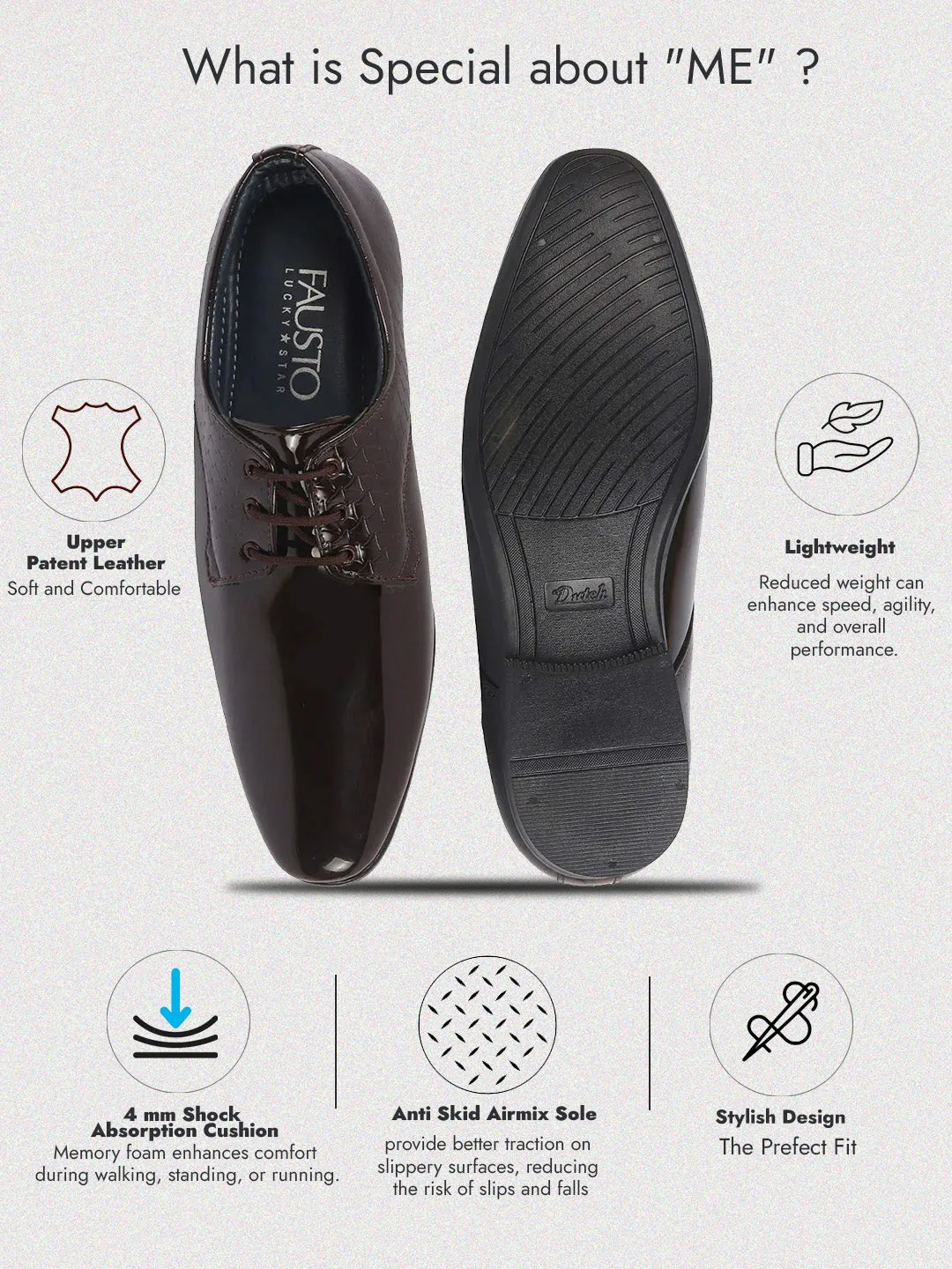 Men Brown Party Formal Patent Leather Lace-Up Shoes for Office|Memory Cushion Insole|Meeting Comfort Slip-Ons