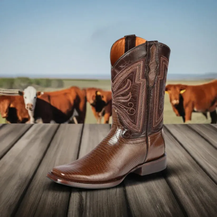 Men's Lizard Print Leather Western Rodeo Cowboy Boots 'El General' Coffee Color 44674