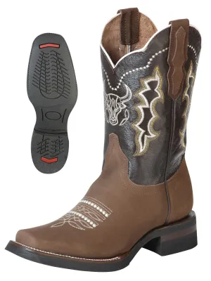 Men's Nubuck Leather Embroidered Design Cowboy Boots 'The General' Camel Color 51113