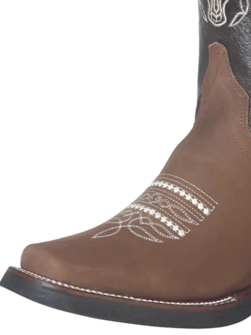 Men's Nubuck Leather Embroidered Design Cowboy Boots 'The General' Camel Color 51113