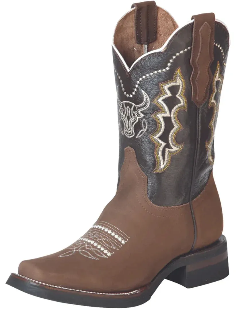 Men's Nubuck Leather Embroidered Design Cowboy Boots 'The General' Camel Color 51113