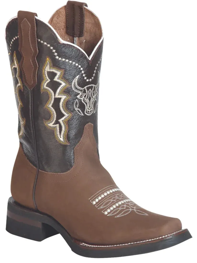 Men's Nubuck Leather Embroidered Design Cowboy Boots 'The General' Camel Color 51113