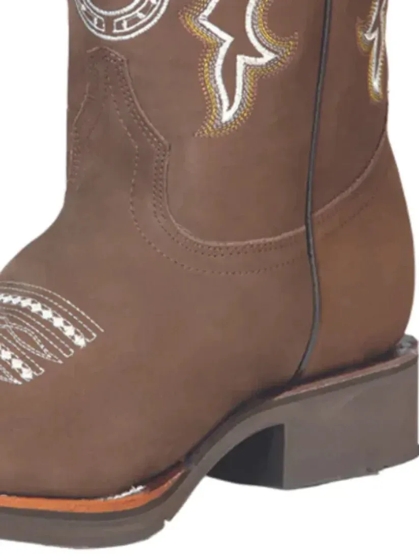 Men's Nubuck Leather Rodeo Cowboy Boots with Embroidered 'El General' Camel Color 51116