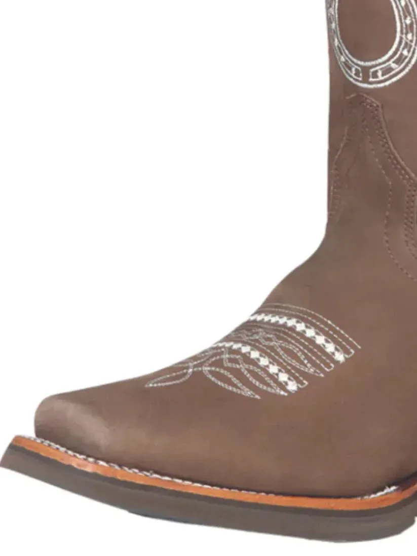 Men's Nubuck Leather Rodeo Cowboy Boots with Embroidered 'El General' Camel Color 51116