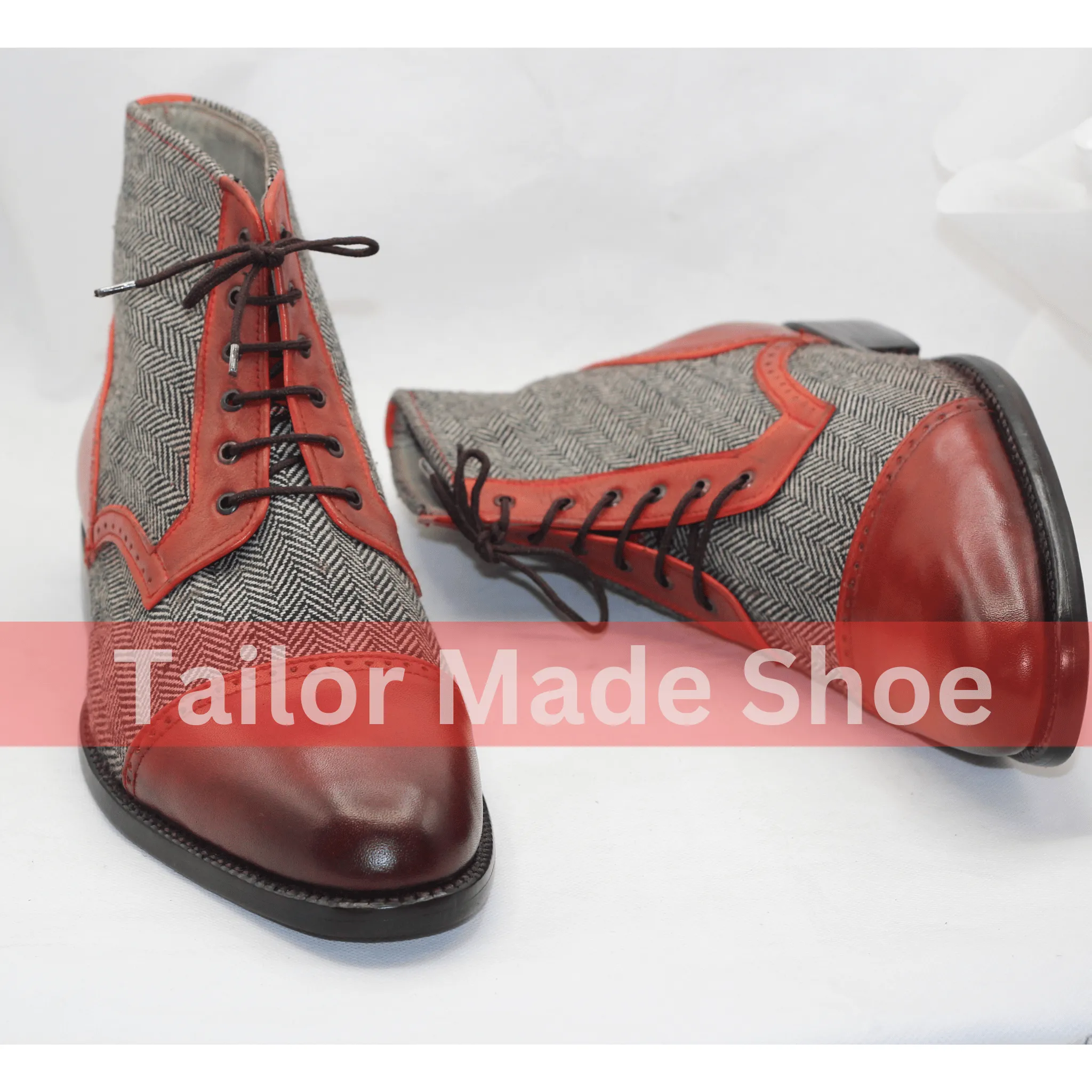 Men's Tweed & Leather Lace-Up Boots – Vintage Style Red Accents Handmade Tweed and Leather Lace-Up Boots – Timeless Elegance