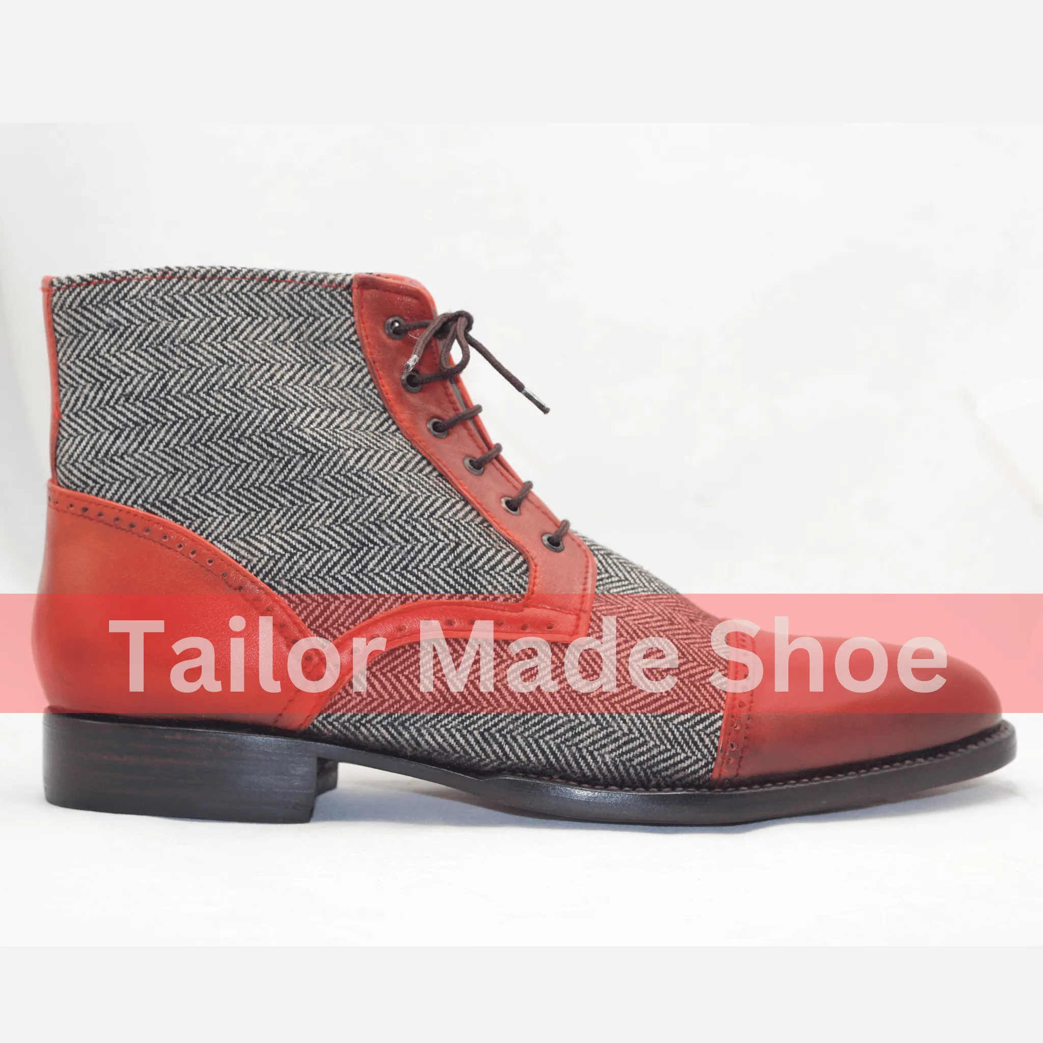Men's Tweed & Leather Lace-Up Boots – Vintage Style Red Accents Handmade Tweed and Leather Lace-Up Boots – Timeless Elegance