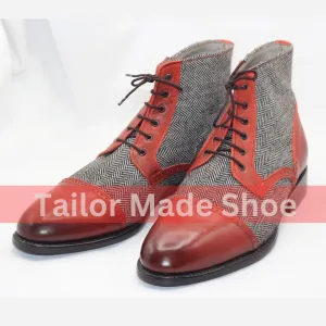 Men's Tweed & Leather Lace-Up Boots – Vintage Style Red Accents Handmade Tweed and Leather Lace-Up Boots – Timeless Elegance