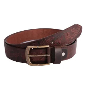 Mens Western Floral Embossed Leather Belt - Casual Belt for Suits & Jeans, Single Prong Buckle