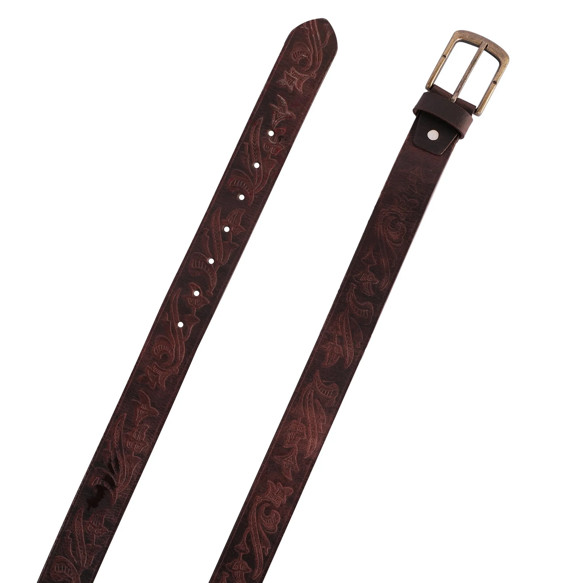 Mens Western Floral Embossed Leather Belt - Casual Belt for Suits & Jeans, Single Prong Buckle