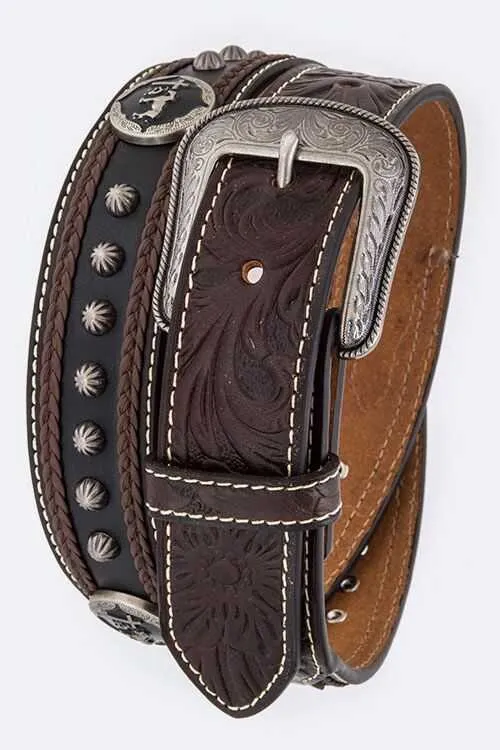 Men's Western Studded Embossed Genuine Leather Belt