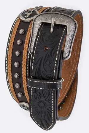 Men's Western Studded Embossed Genuine Leather Belt