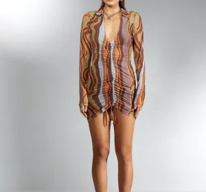 Mesh Long Sleeve Collar Print Mini Dress