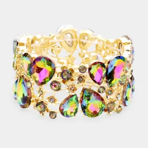 Multi-Color Crystal Teardrop Floral Stretch Bracelet on Gold |  426858