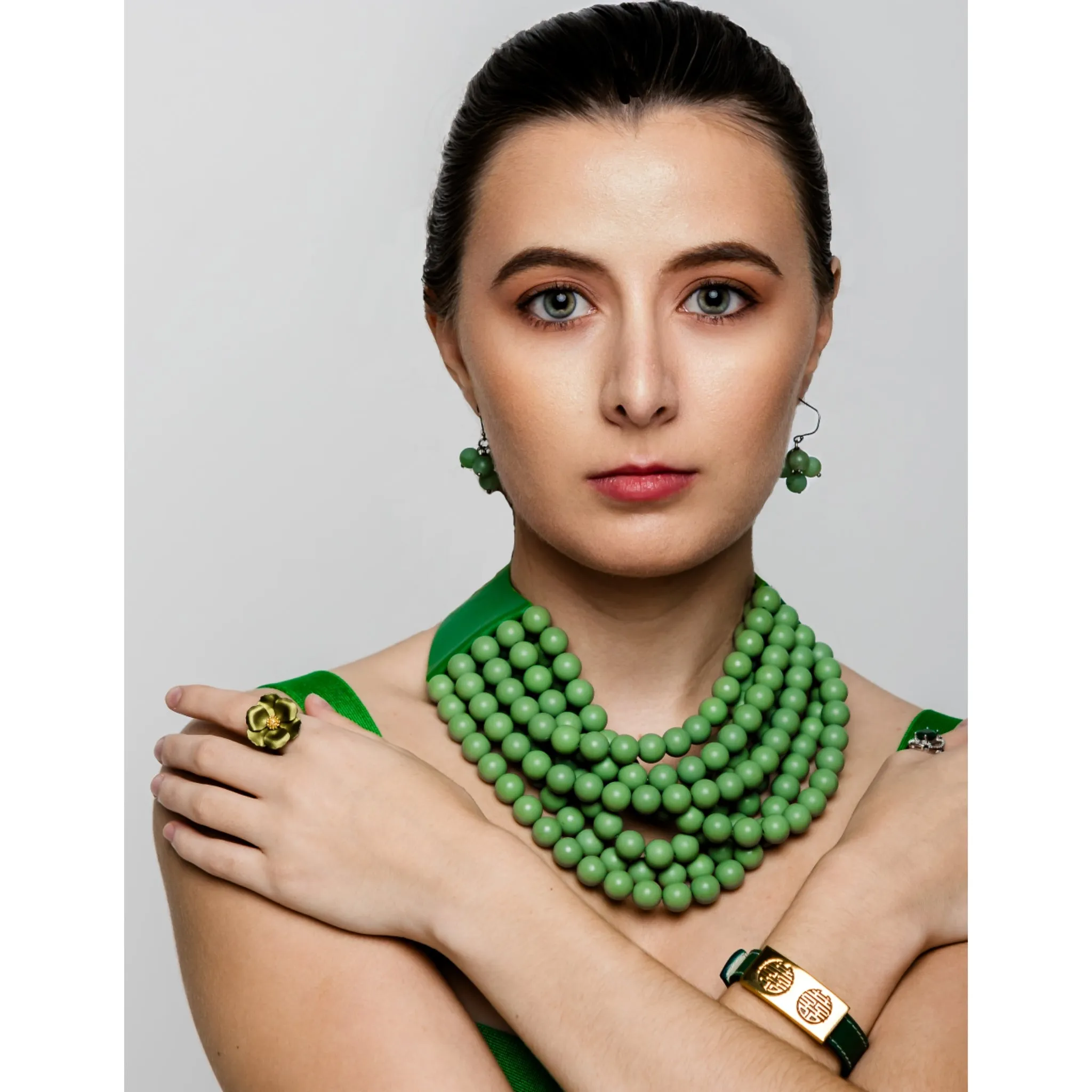 Multi-Strand Green Beaded Leather Collar Necklace