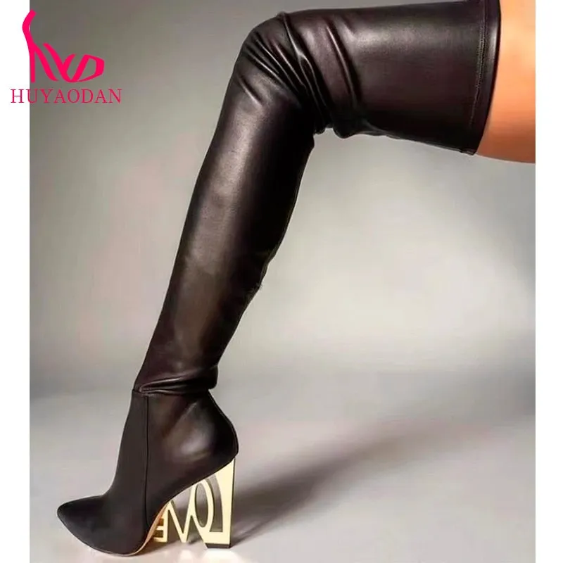 New Fashion Autumn Winter Warm Stretch Boots High Heels Pointed Toe Black Zipper Dress Party Over The Knee Boots Big Size 34-43