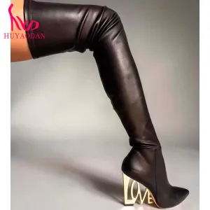 New Fashion Autumn Winter Warm Stretch Boots High Heels Pointed Toe Black Zipper Dress Party Over The Knee Boots Big Size 34-43