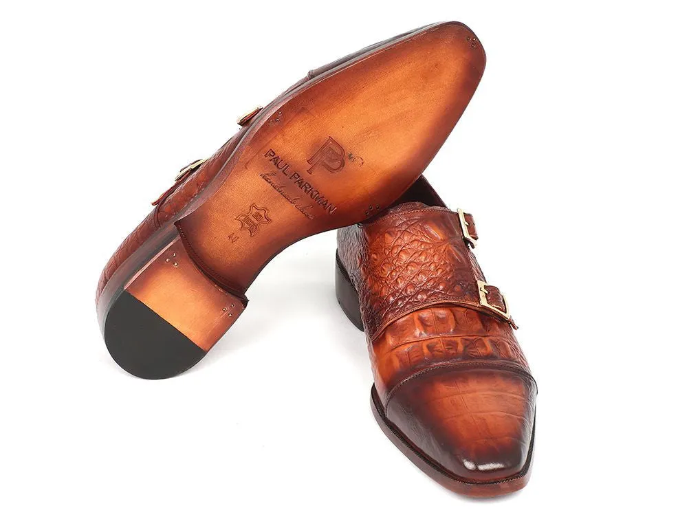 Paul Parkman Men's Croco-Embossed Leather Double Monkstraps in Brown