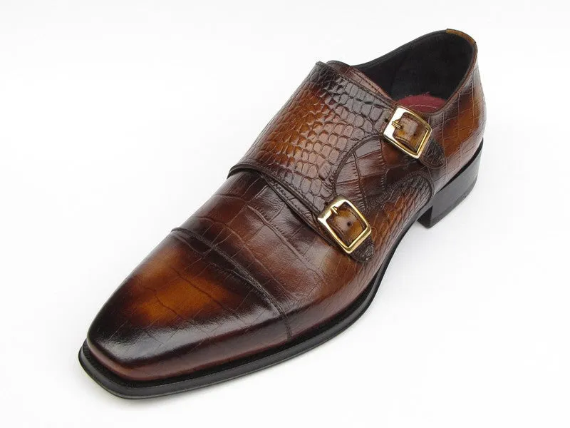 Paul Parkman Men's Croco-Embossed Leather Double Monkstraps in Brown