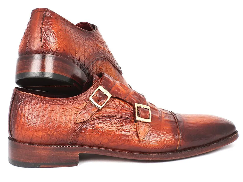 Paul Parkman Men's Croco-Embossed Leather Double Monkstraps in Brown