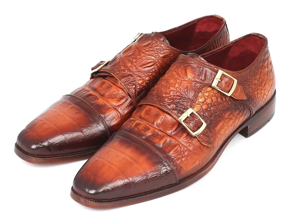 Paul Parkman Men's Croco-Embossed Leather Double Monkstraps in Brown