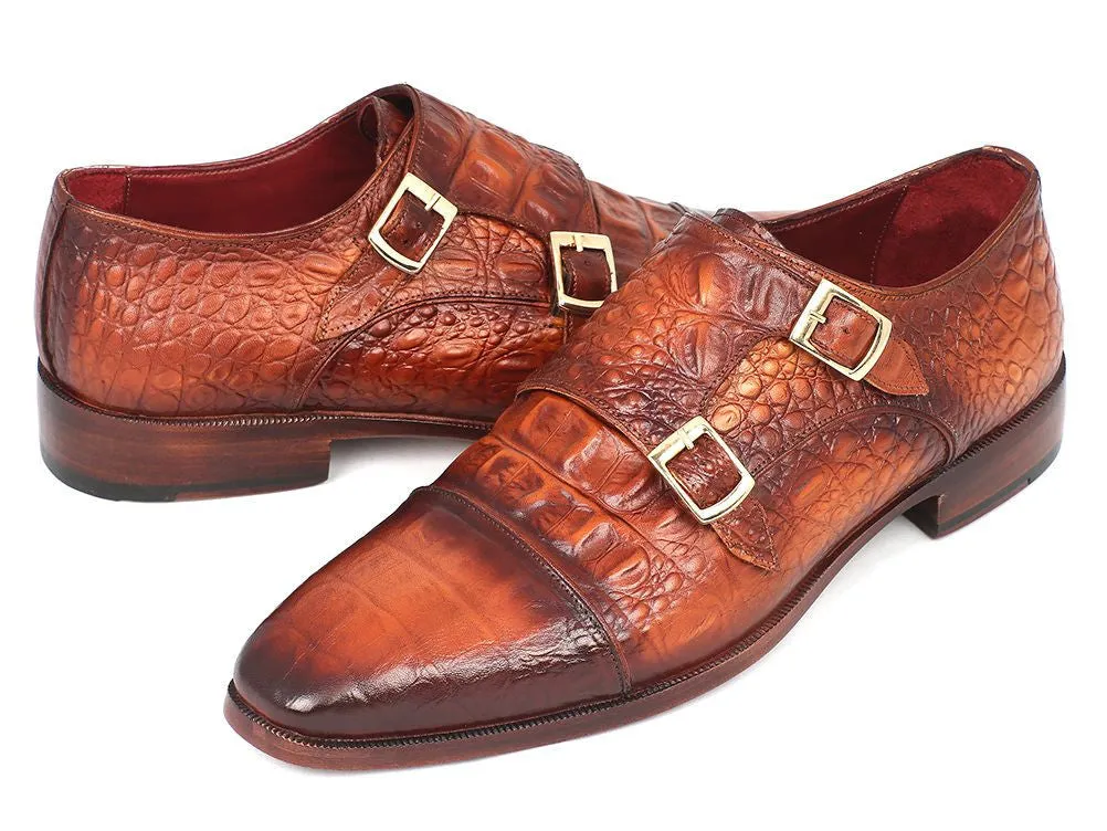 Paul Parkman Men's Croco-Embossed Leather Double Monkstraps in Brown
