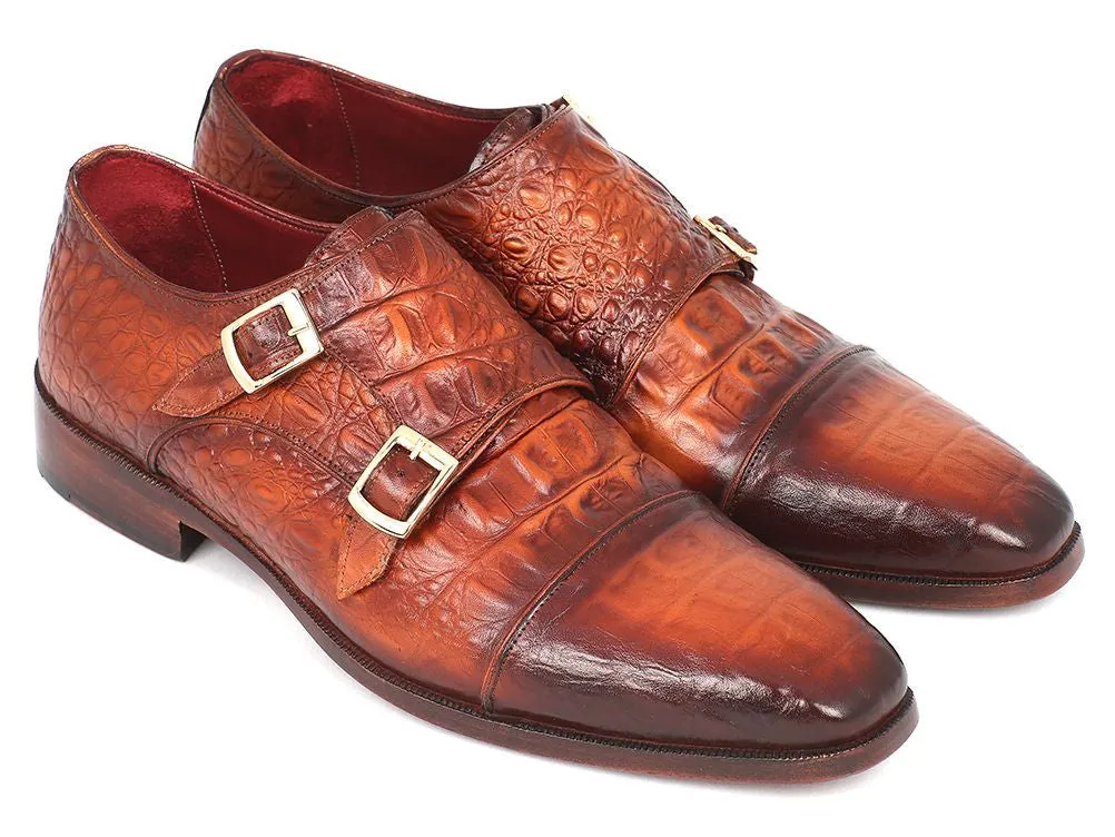 Paul Parkman Men's Croco-Embossed Leather Double Monkstraps in Brown