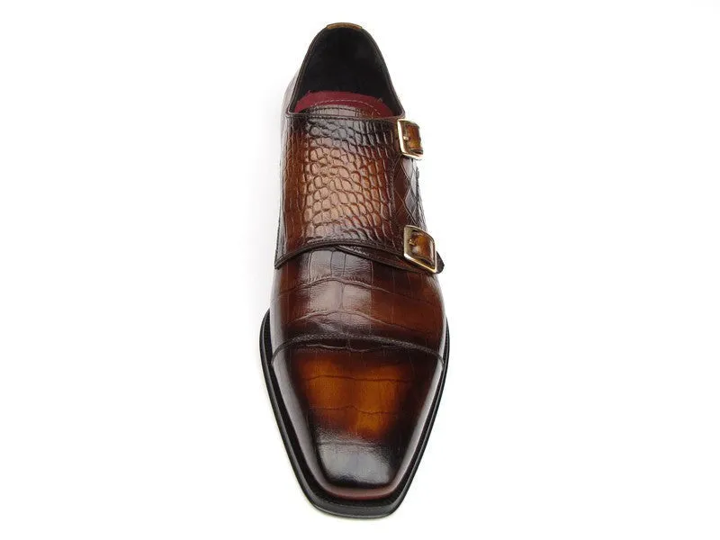 Paul Parkman Men's Croco-Embossed Leather Double Monkstraps in Brown
