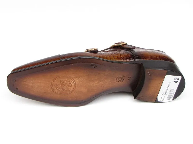 Paul Parkman Men's Croco-Embossed Leather Double Monkstraps in Brown