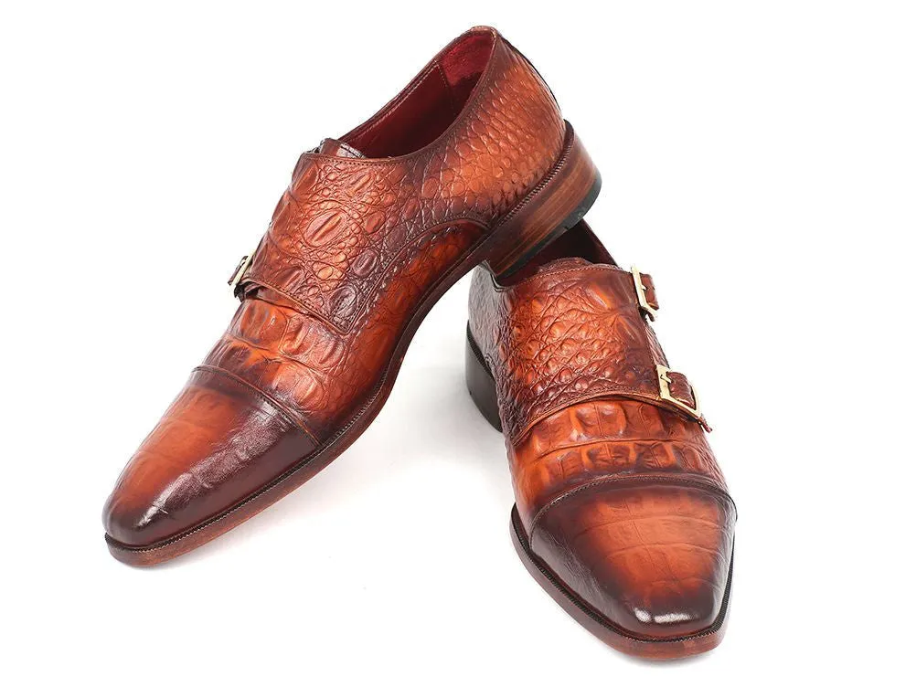 Paul Parkman Men's Croco-Embossed Leather Double Monkstraps in Brown