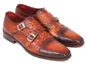 Paul Parkman Men's Croco-Embossed Leather Double Monkstraps in Brown