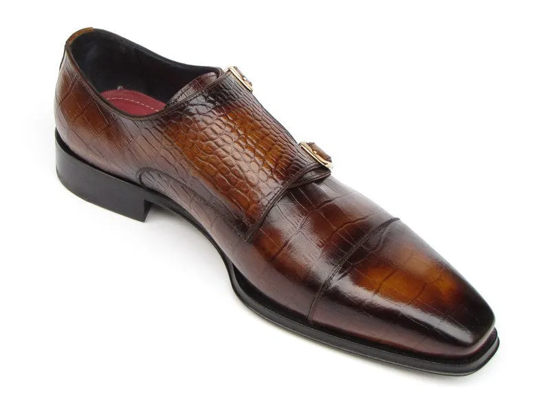 Paul Parkman Men's Croco-Embossed Leather Double Monkstraps in Brown