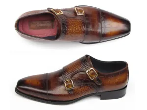 Paul Parkman Men's Croco-Embossed Leather Double Monkstraps in Brown