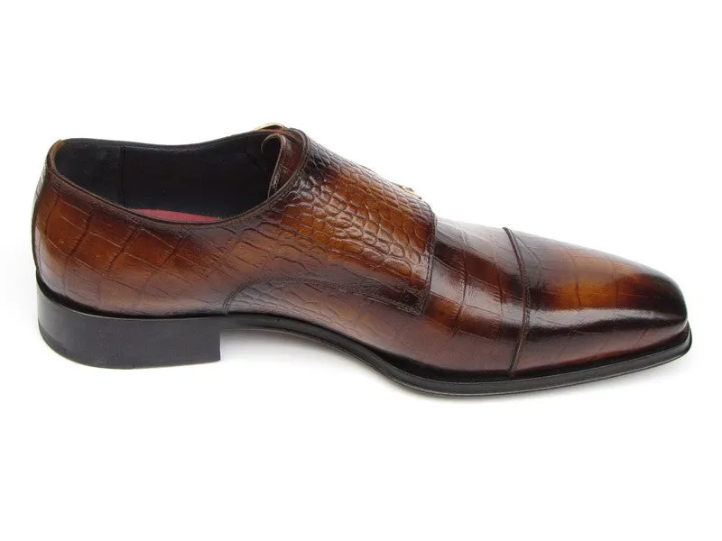 Paul Parkman Men's Croco-Embossed Leather Double Monkstraps in Brown
