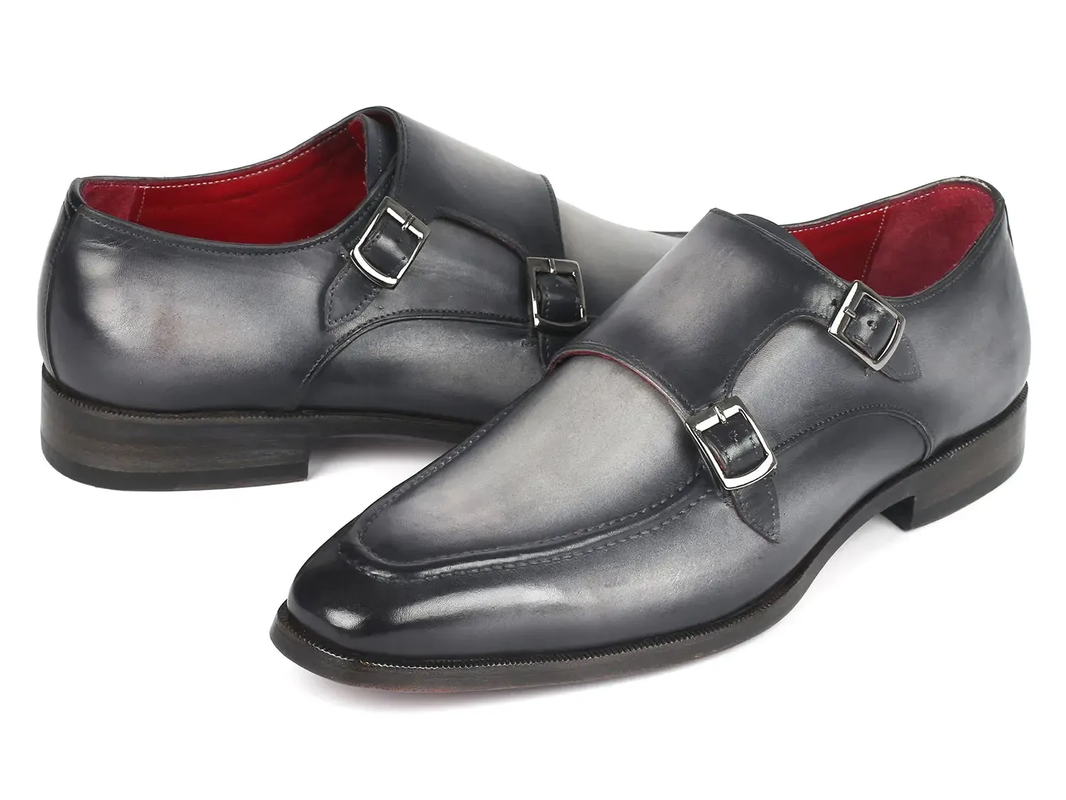 Paul Parkman Men's Leather Double Monkstrap Shoes in Gray