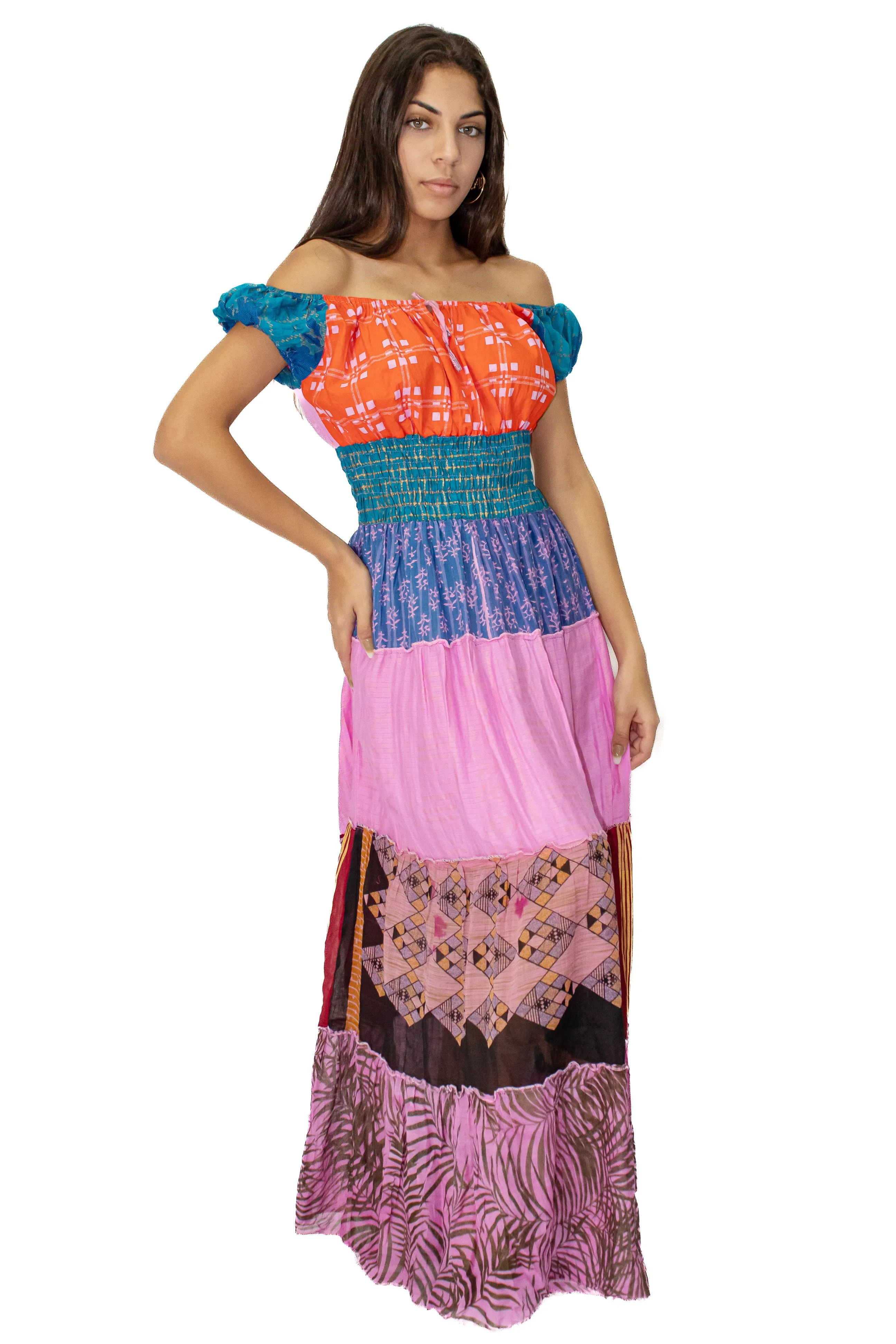 Pink Mix 6 Tiered Waist Elasticized Printed Long Maxi Dress