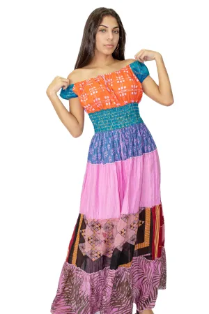 Pink Mix 6 Tiered Waist Elasticized Printed Long Maxi Dress